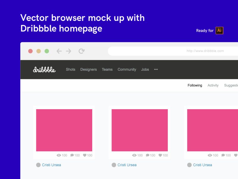 c9f877e27c8a1defd3d338df4206b7b2 - Vector browser mock up with Dribbble homepage (FREE)